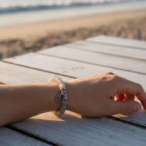 Celestial Silver Crescent Moon Charm Bracelet | Pale Grey Beaded Boho Stretch